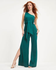 Always On The List One Shoulder Front Tie Slit Jumpsuit - Hunter Green