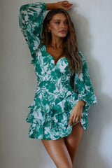 Romance Novel Long Sleeve Tied Back Floral Dress Green