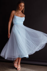Floating By Pleated Neckline Mesh Midi Dress Blue
