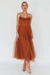 Floating By Pleated Neckline Mesh Midi Dress Brown