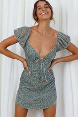 In My Dreams Puff Sleeve String Tie Bust Velour Dress Green
