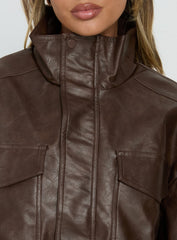 Ace Player Funnel Neck Faux Leather Jacket Brown