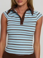Cadey Contrast Collar Polo Top Blue / Brown