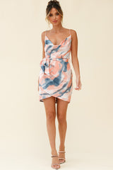 Bebe Satin Cowl Neck Wrap Dress Watercolor Print Multi