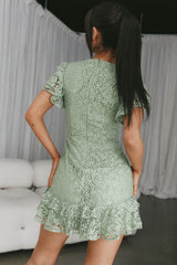 Lark Crew Neck Ruffle Sleeve Dress Lace Overlay Avocado