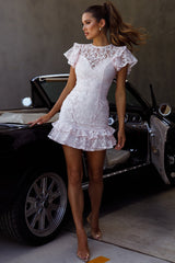 Lark Crew Neck Ruffle Sleeve Dress Lace Overlay Pink