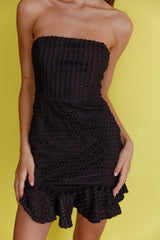 Zoey Lace Overlay Strapless Flounce Hem Mini Dress Black