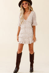 Chasing Daisies Fluted Sleeve Frill Trim Shift Dress Sprinkle Print Beige
