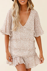 Chasing Daisies Fluted Sleeve Frill Trim Shift Dress Sprinkle Print Beige