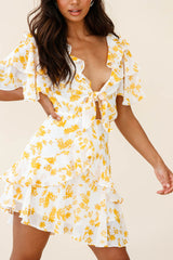 Aubrey Tied Bust Ruffle Trim Dress Floral Print Yellow