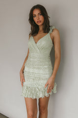 Kaley Ruched Side Layered Frill Hem Lace Mini Dress Sage