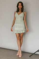 Kaley Ruched Side Layered Frill Hem Lace Mini Dress Sage