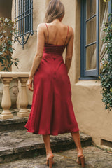 Lake Como Fitted Bodice Cami Strap Midi Dress Cherry