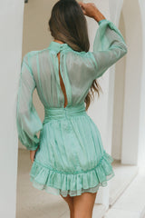 Mandalay High Neck Long Sleeve Waistband Dress Sage