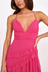 Check Mate Frill Trim Cut-Out Split Dress Pink