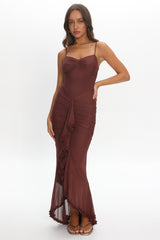 Kamilah Gathered Cascading Ruffle Midi Dress Maroon