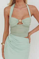Sandy Shell Buckle Halter Maxi Dress Sage