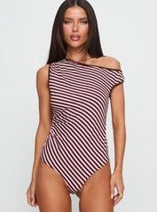 Ayviana One Shoulder Bodysuit Pink / Brown Stripe