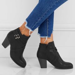 Crisscross Buckle Chunky Heel Ankle Boots Side Zipper Booties