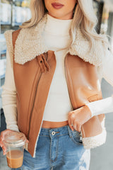 Pure Chill Sherpa Trim Faux Leather Vest (Camel)