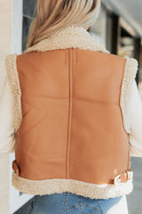 Pure Chill Sherpa Trim Faux Leather Vest (Camel)