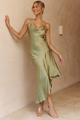 Morning Sun Cowl Neckline Asymmetrical Hem Midi Dress Olive