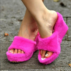 Chic Fur Platform Wedge Slippers