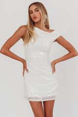 Country Club Cowl Neck Mini Dress Sequin White