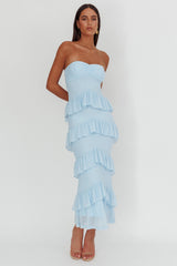 Dulce Dreams Sweetheart Neckline Frill Maxi Dress Blue