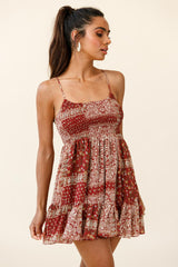 Marja Cami Strap Shirred Baby Doll Dress Paisley Print Burgundy