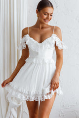 Good Morning Sunshine Off Shoulder Lace Frill Trim Mini Dress White