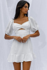 Catch Feelings Sweetheart Neckline Puff Sleeve Dot Trim Dress White