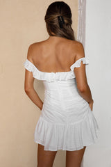 Paradis Off-Shoulder Ruched Bodice Mini Dress White