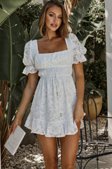 Lilibet Puff Sleeve Elasticated Waist Textured Dress White