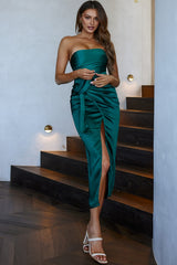 Gianna Strapless Waist Tie Midi Dress Forest Green
