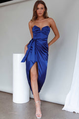 Gianna Strapless Ruched Bust Midi Dress Navy
