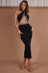 Vanna Diamante Trim Halterneck Dress Black