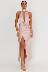 Italia Azure Halterneck Rosette Maxi Dress Blush