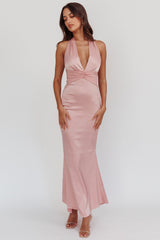 Italia Azure Pleat Bodice Halterneck Maxi Dress Blush