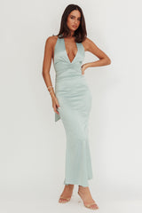 Italia Azure Pleat Bodice Halterneck Maxi Dress Sage