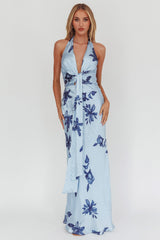Make Believe Plunging Halterneck Maxi Dress Floral Navy