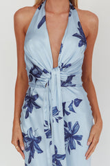 Make Believe Plunging Halterneck Maxi Dress Floral Navy