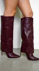Yetta Pointed Toe Overlay High Heel Boots - Burgundy