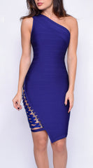 Charlyn Navy Blue Side Lace Up One Shoulder Bandage Dress