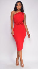 Nat One Shoulder Front Knot Midi Dress - Red