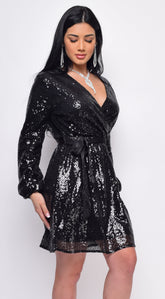 Cordelia Black Sequin Belted Long Sleeve Midi Dress