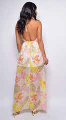 Topaz White Yellow Multi Color Floral Print Maxi Dress