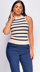 Minerva Beige Navy Blue Striped High Neck Sleeveless Top