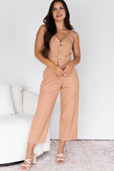 Memories In Focus Button Front Denim Jumpsuit (Terracotta)