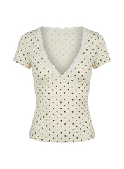 Amia Lace V Neck Top Cream Polka Dot